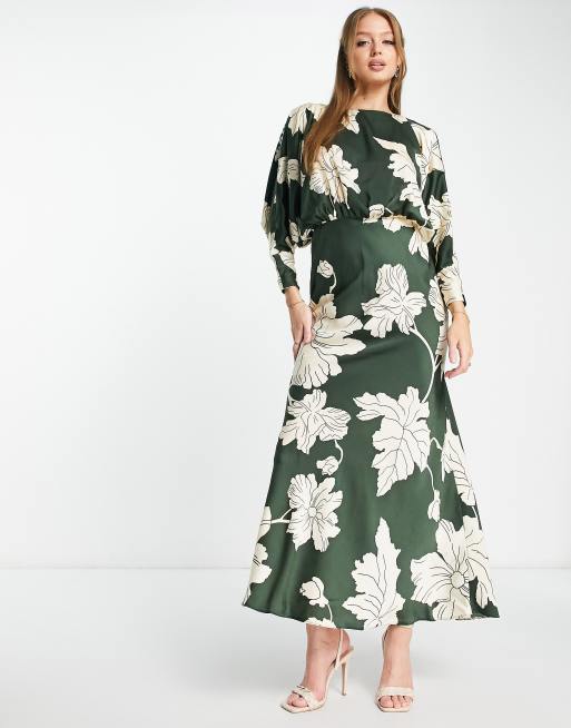 ASOS DESIGN satin maxi dress with batwing sleeve in large stencil floral, 4 of 4