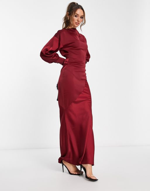 ASOS DESIGN satin maxi dress with blouson sleeve and high neck detail in burgundy