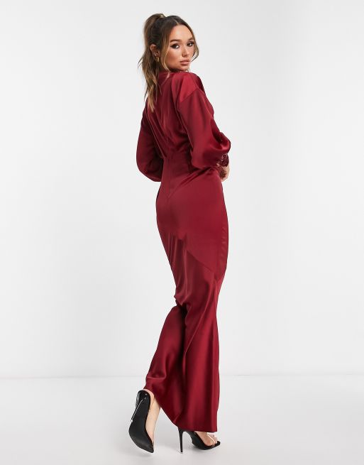 ASOS DESIGN satin maxi dress with blouson sleeve and high neck detail in burgundy