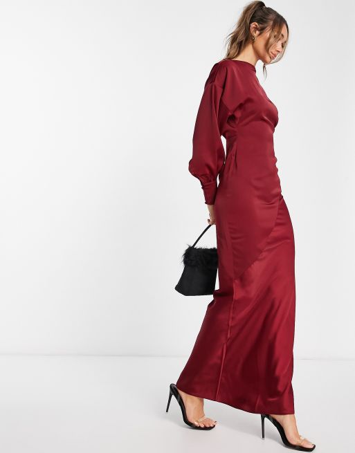 ASOS DESIGN satin maxi dress with blouson sleeve and high neck detail in burgundy