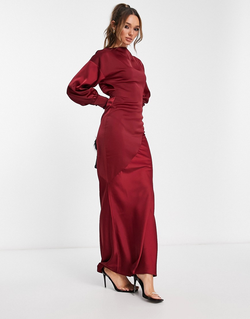 ASOS DESIGN satin maxi dress with blouson sleeves and high neck detail in burgundy-Red