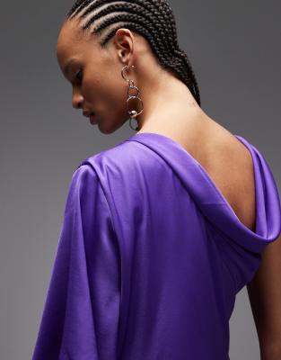 Asos Design Satin Maxi Dress With Cowl Front And Single Draped Sleeve In Purple