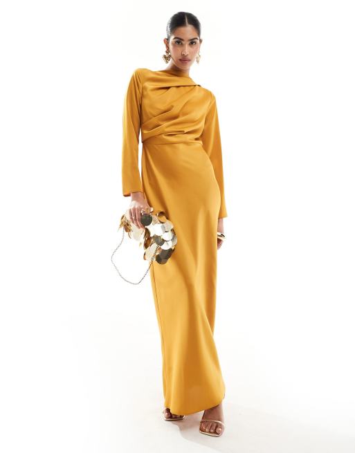  ASOS DESIGN satin maxi dress with drape bodice detail in mustard