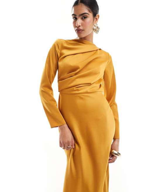 ASOS DESIGN satin maxi dress with drape bodice detail in mustard ASOS