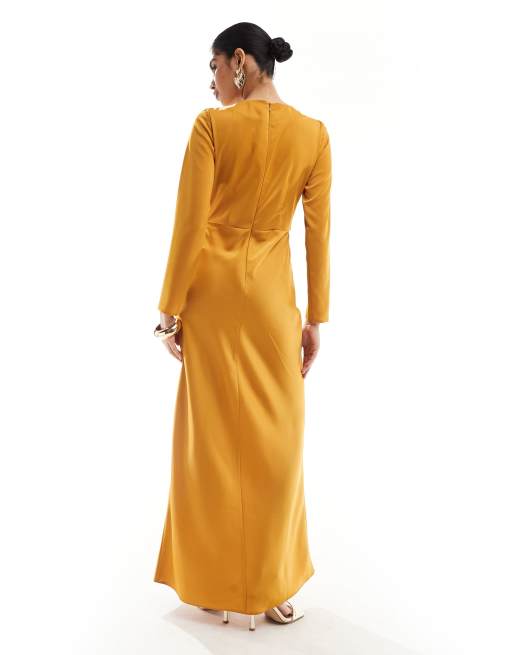 ASOS DESIGN satin maxi dress with drape bodice detail in mustard ASOS