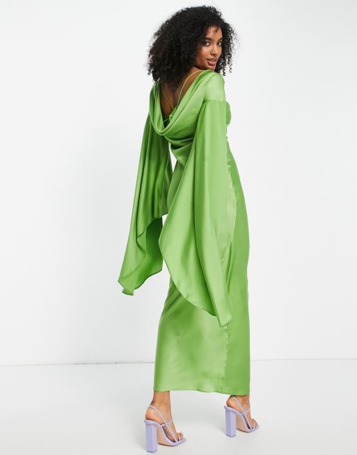 ASOS DESIGN satin maxi dress with extreme drape sleeve and open back in  olive