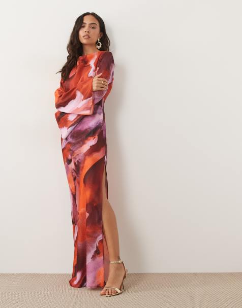 ASOS DESIGN satin maxi dress with flute sleeves in marble pink print - view 1