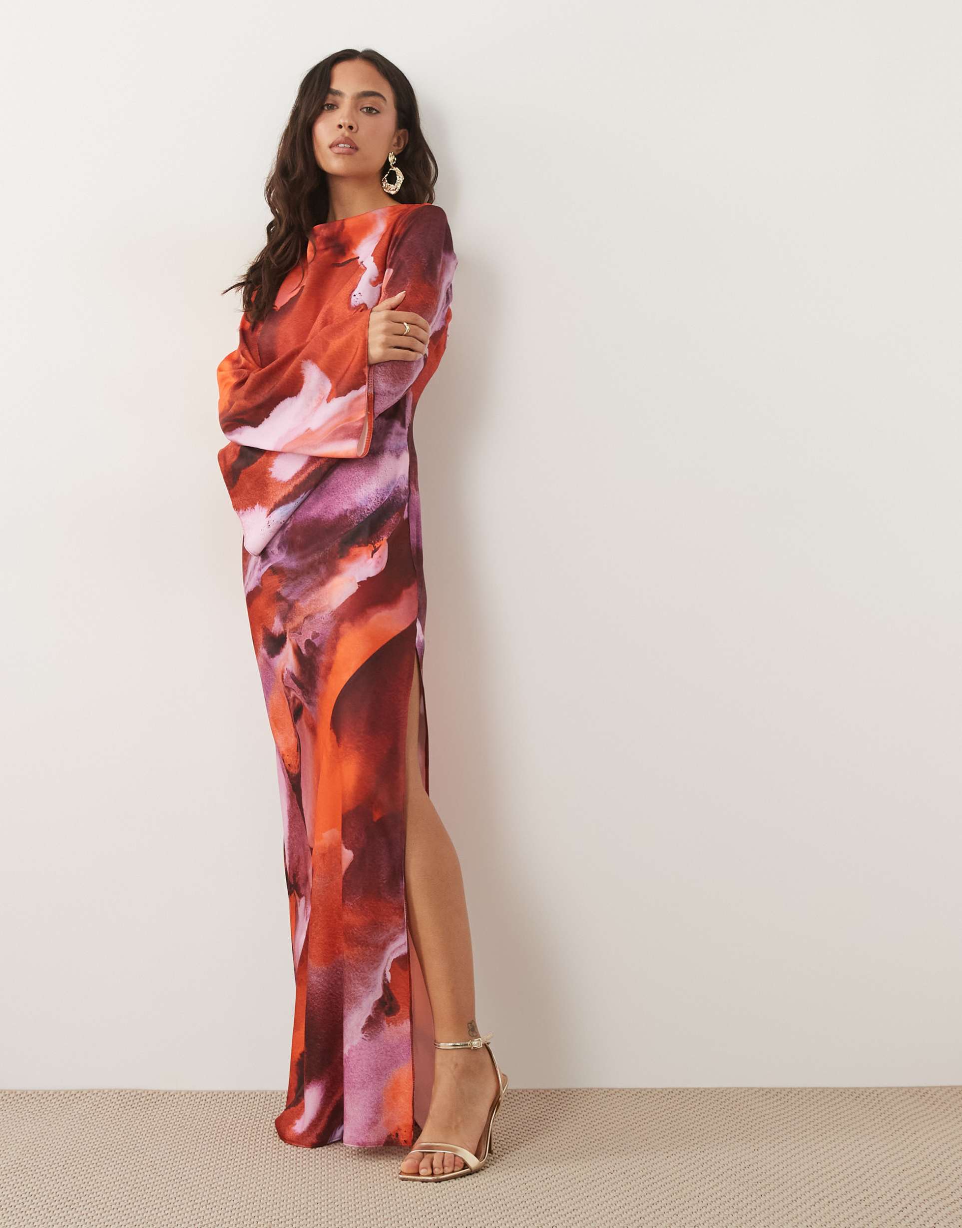 asos design satin maxi dress with flute sleeves in marble pink print