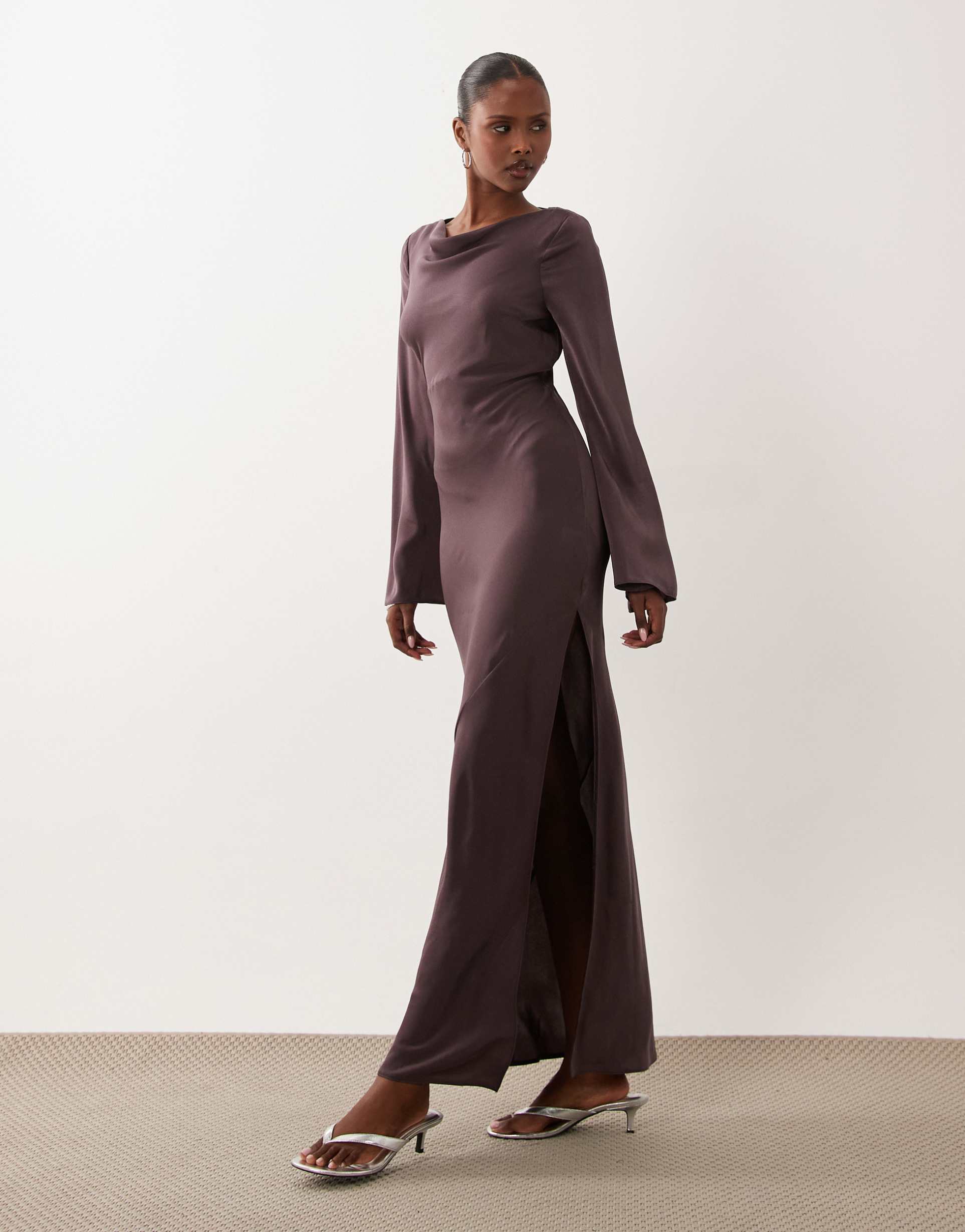 asos design satin maxi dress with fluted sleeves in marbled raisin brown