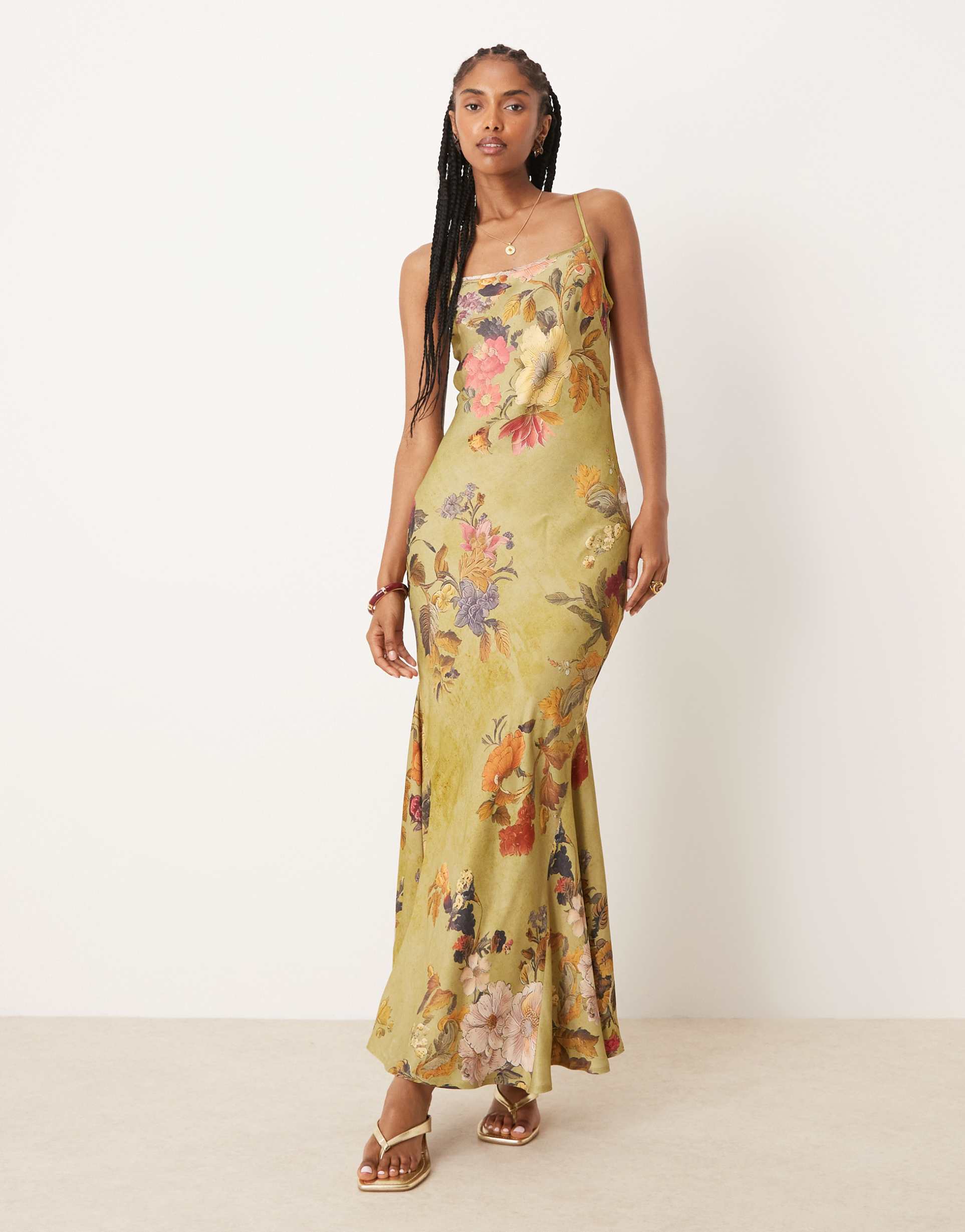 asos design satin maxi dress with godets in floral print