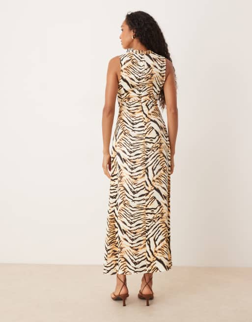 ASOS DESIGN satin maxi dress with keyhole button neck detail in zebra print, 3 of 4