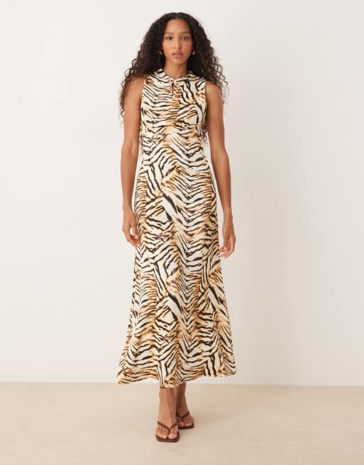ASOS DESIGN satin maxi dress with keyhole button neck detail in zebra print, 4 of 4