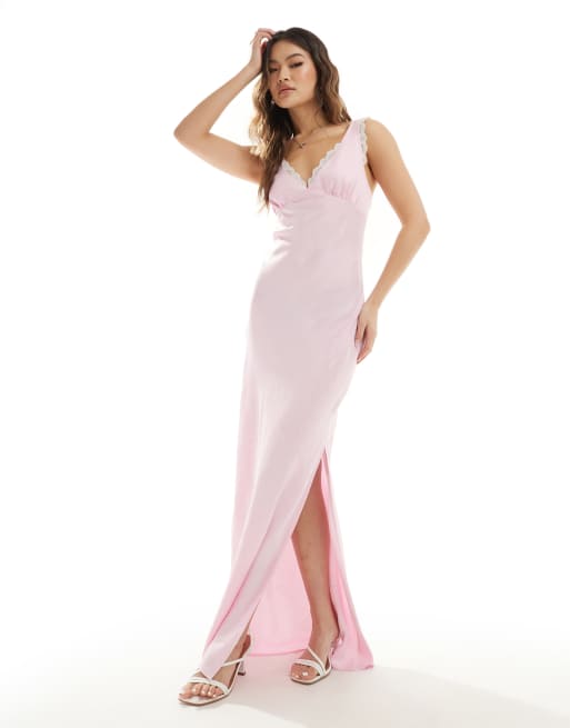 ASOS DESIGN satin maxi dress with lace in soft pink ASOS