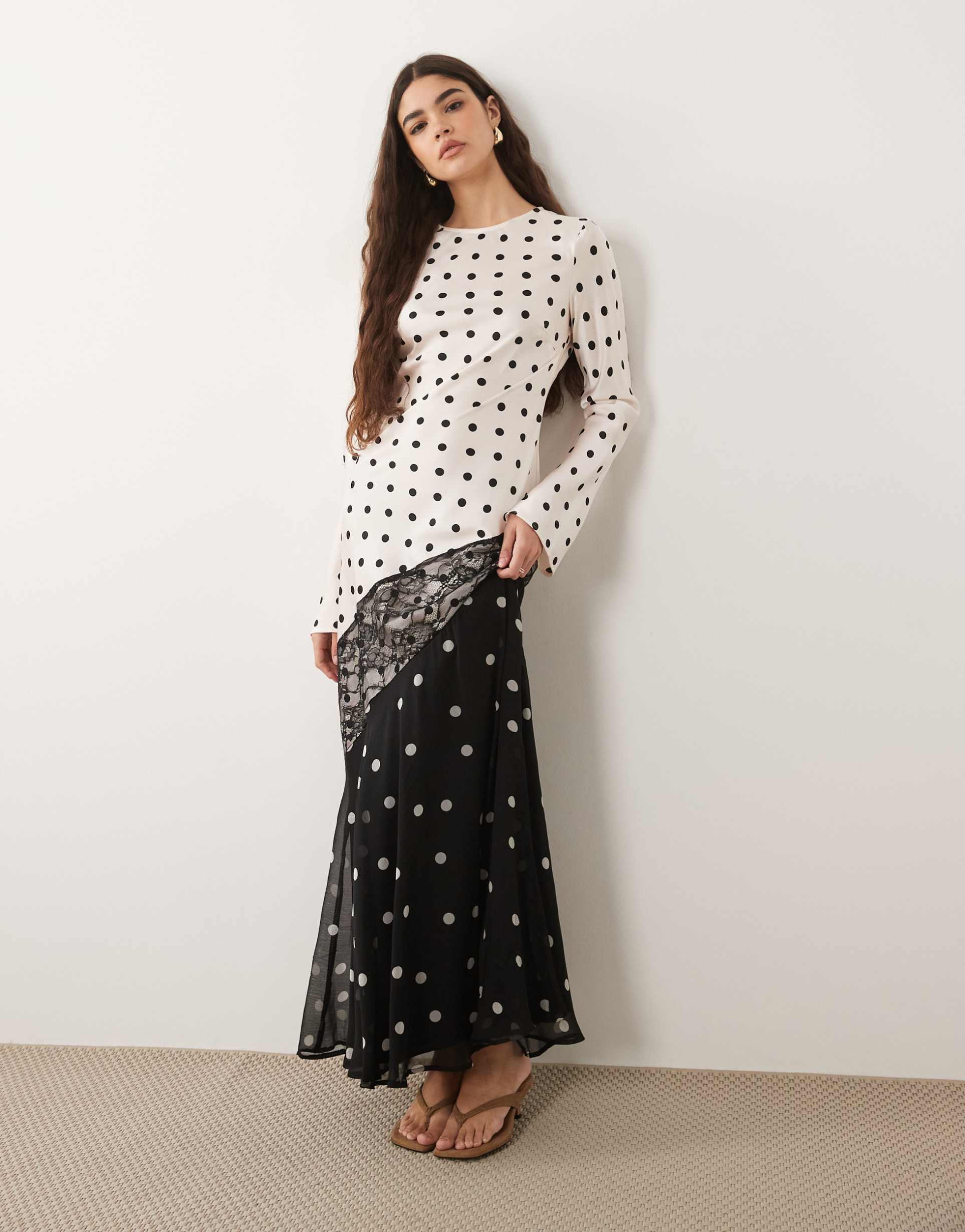 asos design satin maxi dress with lace trim in mono polka dot