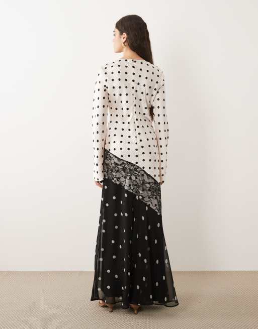 ASOS DESIGN satin maxi dress with lace trim in mono polka dot, 3 of 4