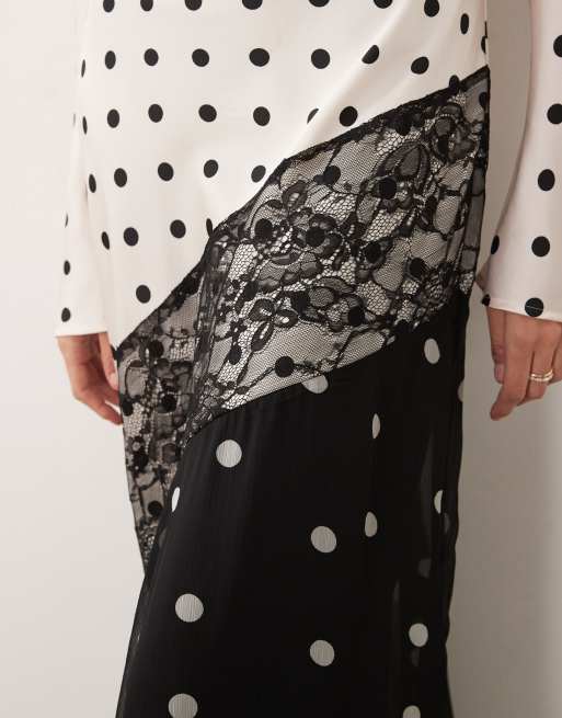 ASOS DESIGN satin maxi dress with lace trim in mono polka dot, 4 of 4