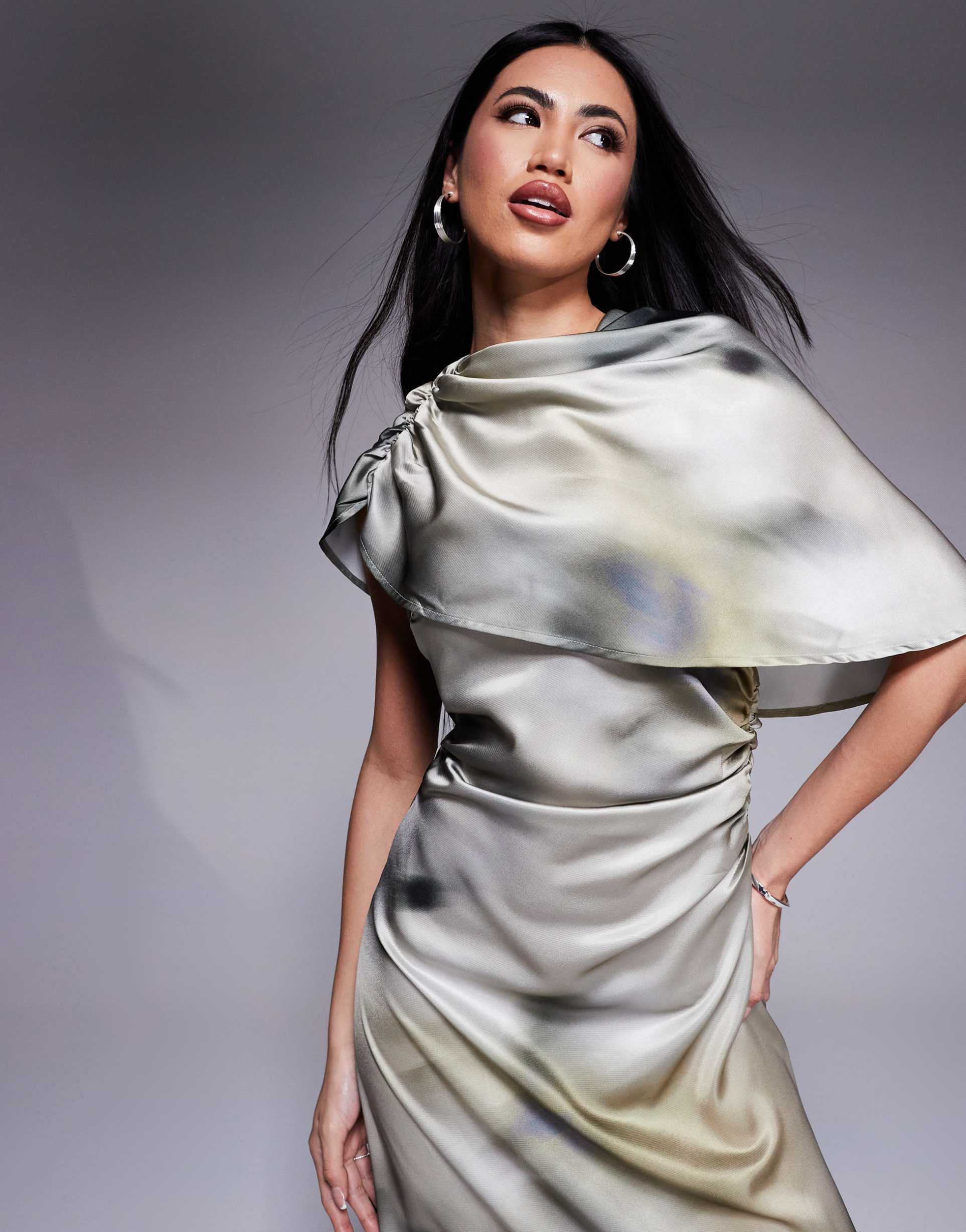 asos design satin maxi dress with slash neck and cape detail in smoked floral