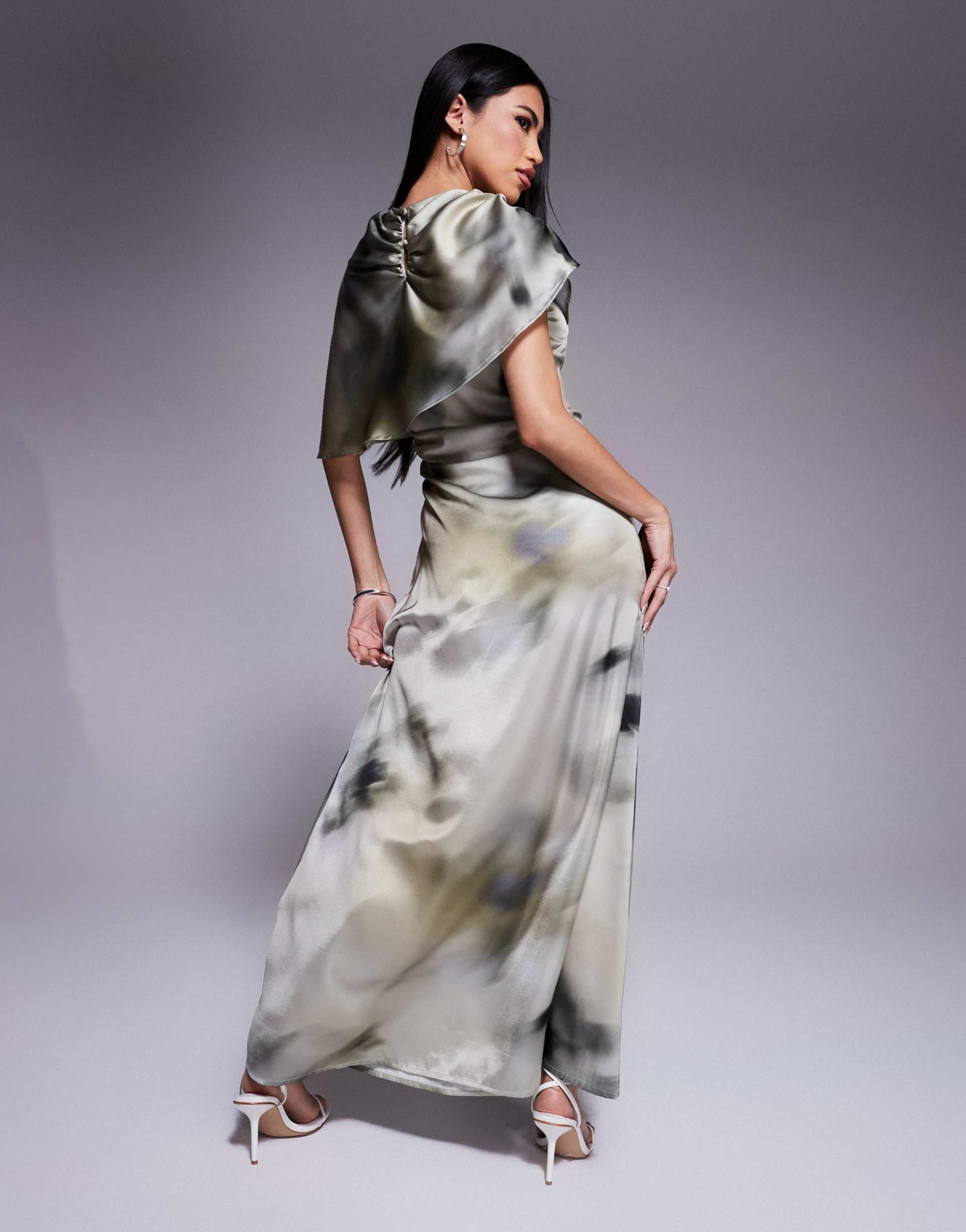 asos design satin maxi dress with slash neck and cape detail in smoked floral