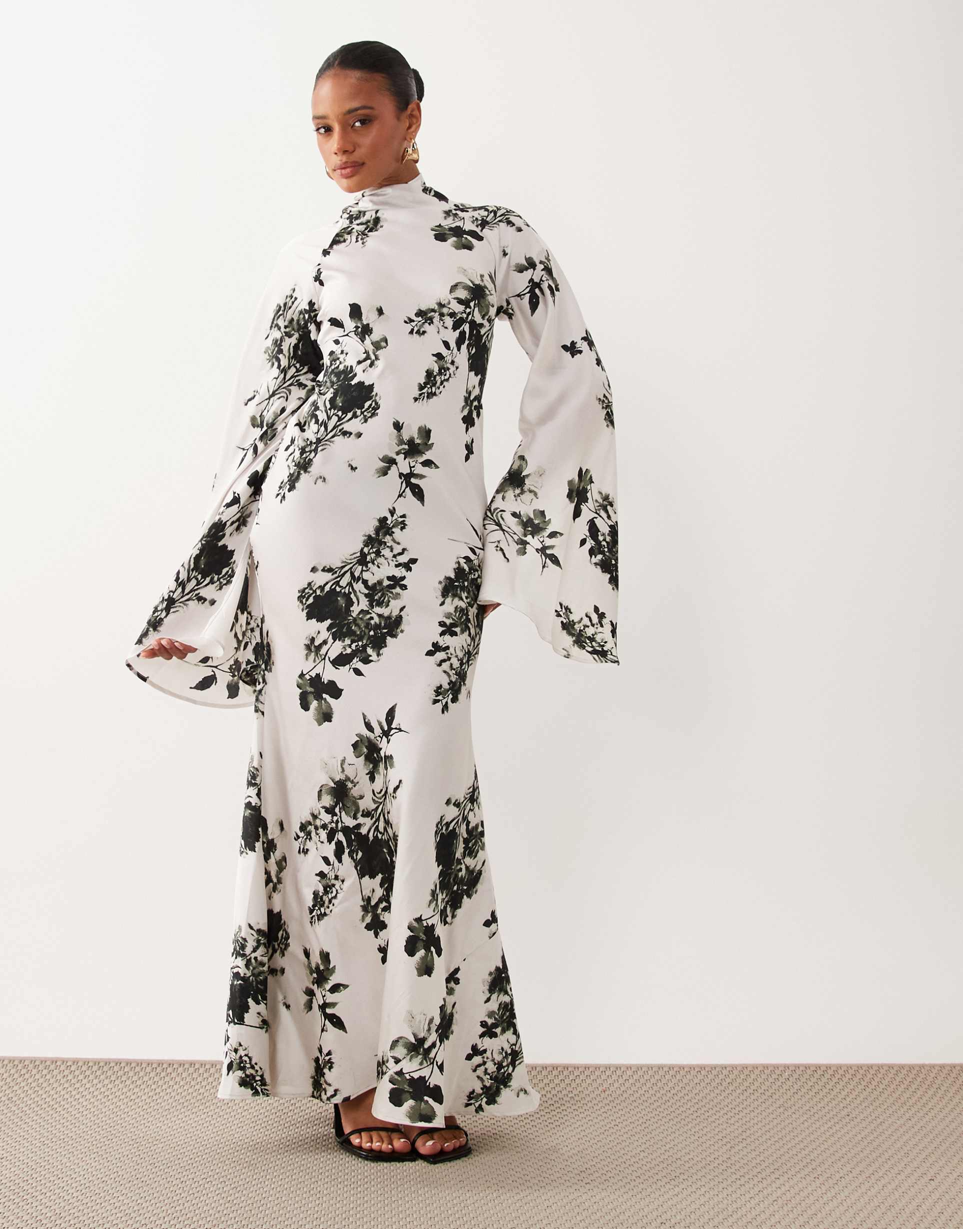 asos design satin maxi dress with split sleeve and scarf detail in mono floral print