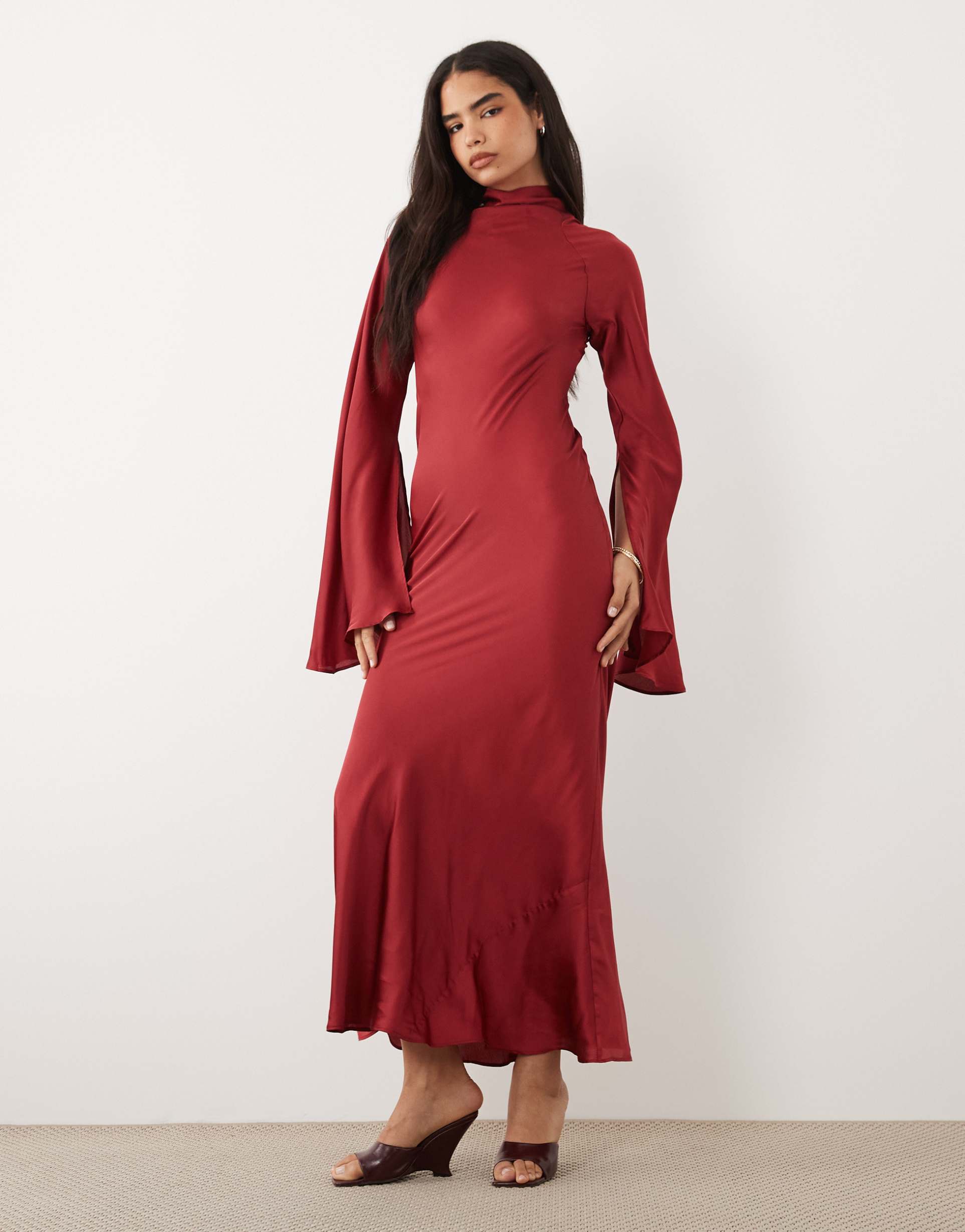 asos design satin maxi dress with split sleeve and scarf detail in plum