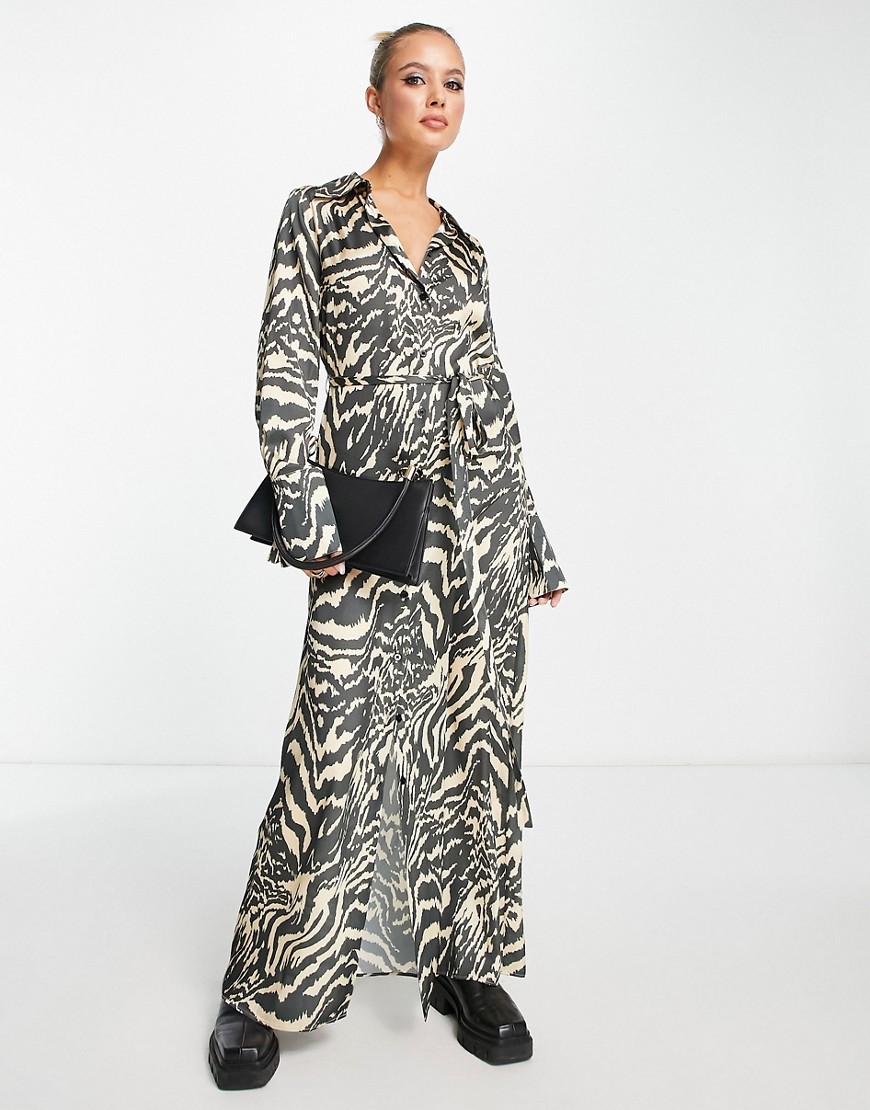 ASOS DESIGN satin maxi dress with tie belt in neutral zebra print-Multi