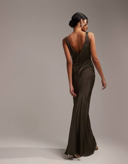 slim fit dress slacks Asos Edition Satin Halter Cowl Maxi Dress In Sage Green main image 1