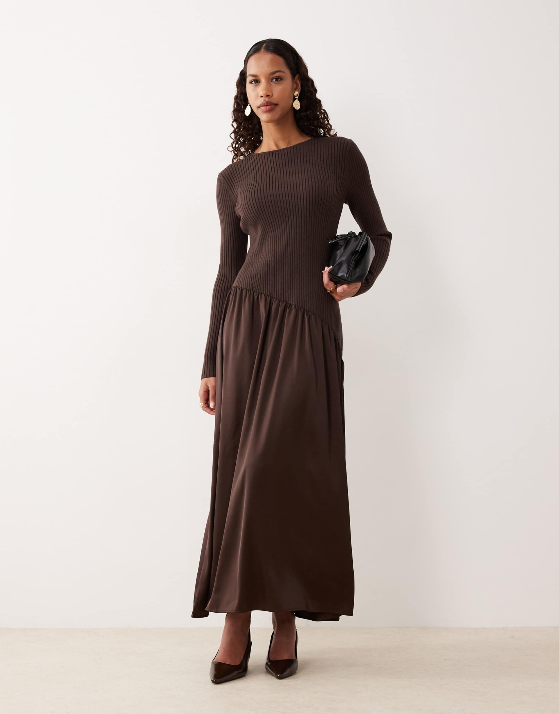 asos design satin maxi dress with woven trim in chocolate