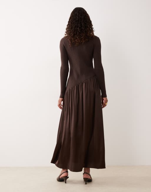 ASOS DESIGN satin maxi dress with woven trim in chocolate, 2 of 4