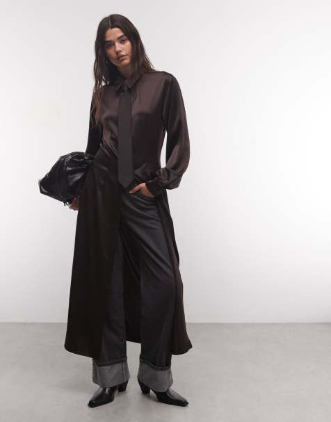 ASOS DESIGN satin maxi shirt with tie in chocolate brown - view 1
