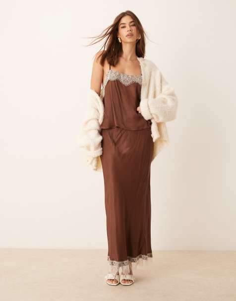 ASOS DESIGN satin maxi skirt co-ord with lace hem in brown - view 1