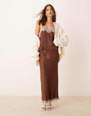 Asos Design Satin Maxi Skirt With Lace Hem In Brown