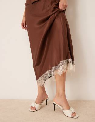 Asos Design Satin Maxi Skirt With Lace Hem In Brown