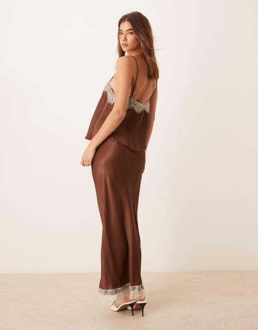 ASOS DESIGN satin maxi skirt with lace hem in brown - part