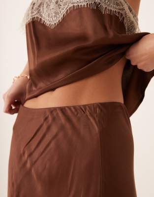 ASOS DESIGN satin maxi skirt with lace hem in brown - part of a set