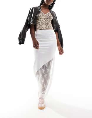 satin maxi skirt with lace insert in ivory-White