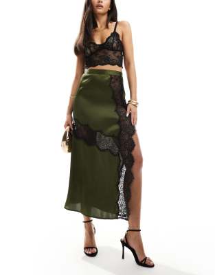 Asos Design Satin Maxi Skirt With Lace Insert In Khaki-green