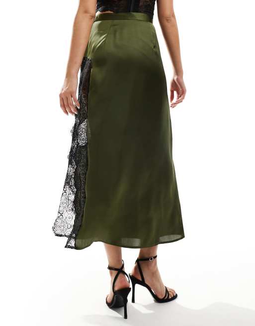 ASOS DESIGN satin maxi skirt with lace insert in khaki, 3 of 5