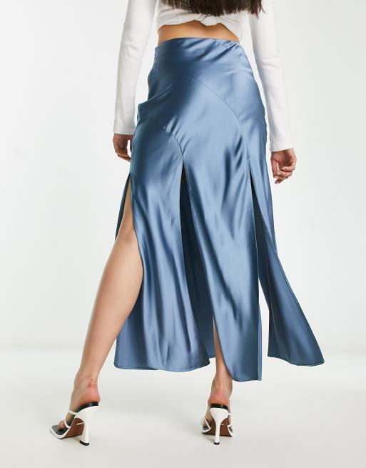 ASOS DESIGN satin maxi skirt with spliced hem in dusty blue