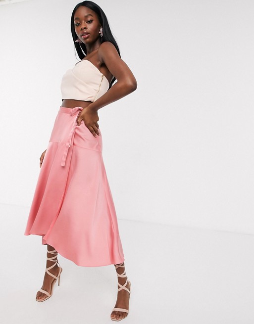 ASOS DESIGN satin maxi wrap skirt with tie waist detail in dusty rose