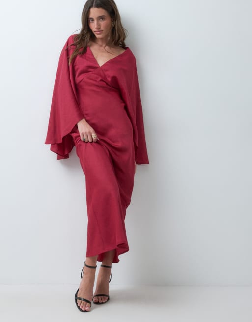 ASOS DESIGN satin maxikjole med svaj, flagermusærmer og skråskæring i magenta, 5 af 5