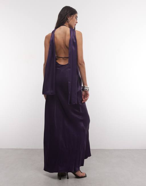 ASOS DESIGN satin maxikjole med vandfaldsudskæring og tørklæde i lilla, 4 af 4