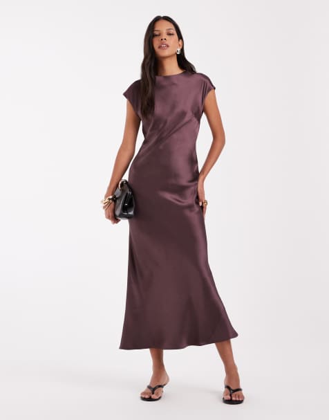 ASOS DESIGN satin maxiklänning i kolumnmodell med cap sleeves i chokladbrunt - view 1
