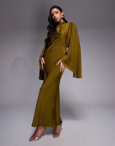 ASOS DESIGN – Satin-Maxikleid in Dunkelgrün mit Trichterkragen und auffälligen Ärmeln - view 1