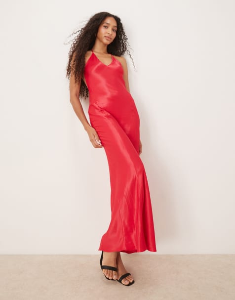 ASOS DESIGN – Satin-Maxikleid in Himbeerrot mit Ziernähten - view 1