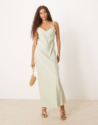 ASOS DESIGN - Satin-Maxikleid in Salbeigrün mit gebundener Rückseite