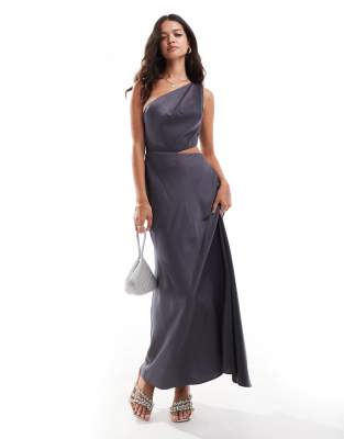 ASOS DESIGN - Satin-Maxikleid in Schiefergrau mit verdrehtem Träger und Cut-outs