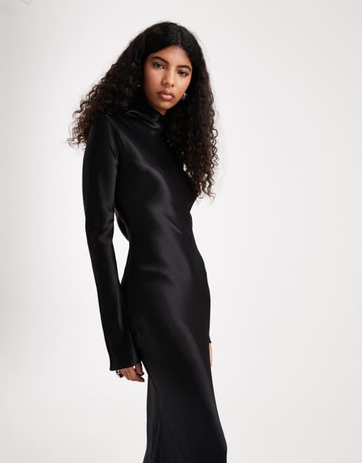 ASOS DESIGN – Satin-Maxikleid in Schwarz mit asymmetrischem Saum, 3 von 4
