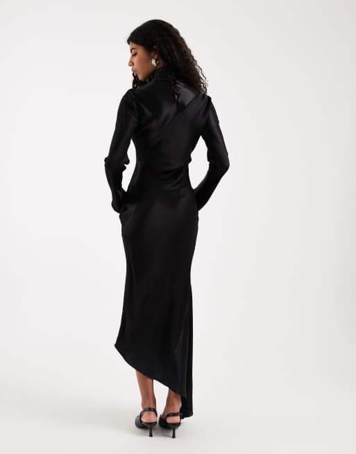 ASOS DESIGN – Satin-Maxikleid in Schwarz mit asymmetrischem Saum, 4 von 4
