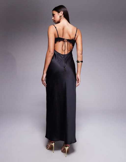ASOS DESIGN – Satin-Maxikleid in Schwarz mit Körbchen aus Spitze und Rückenausschnitt, 4 von 4