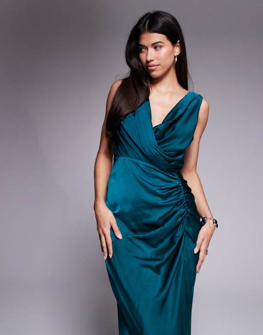 ASOS DESIGN – Satin-Maxikleid in tiefem Petrol mit drapierter Vorderseite und Schlitzdetail, 2 von 4